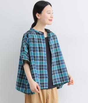 コットンマドラスチェック　ちび襟ワイドシャツ(グリーン-F)