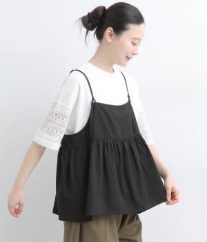 テンセルコットン　ギャザーキャミソール(ブラック-F)