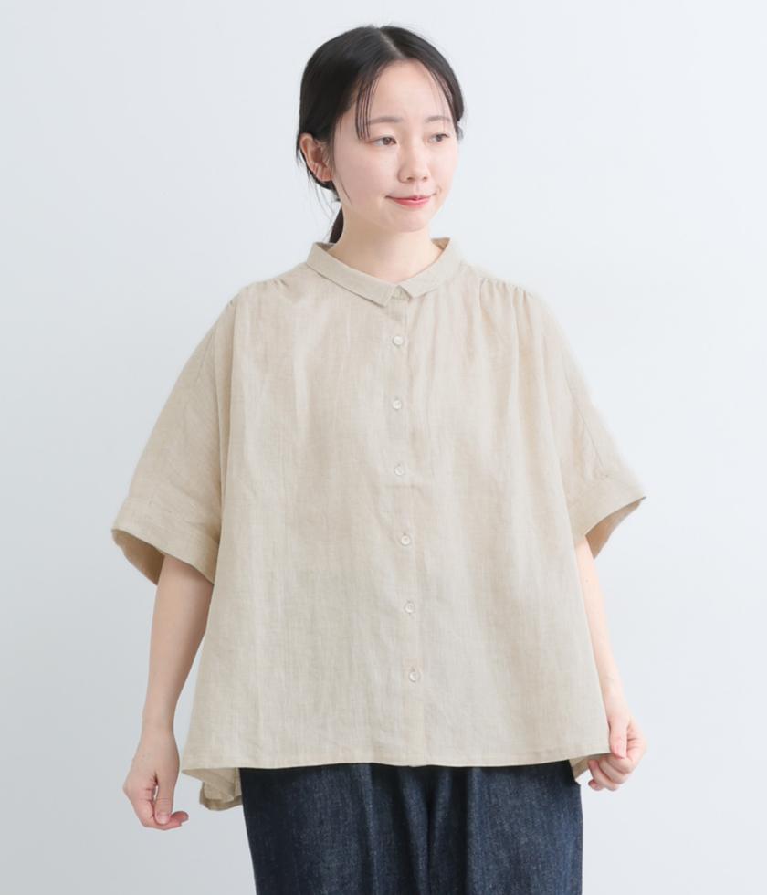 平織リネン　ちび襟ワイドシャツ