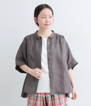 平織リネン　ちび襟ワイドシャツ(チャコール-F)
