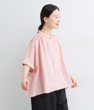 平織リネン　ちび襟ワイドシャツ(ピンク-F)