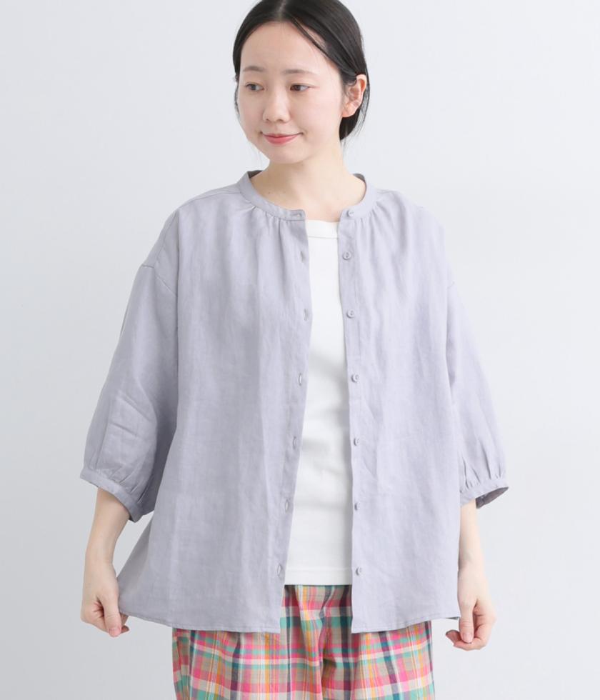 平織リネン　ネックギャザーブラウス