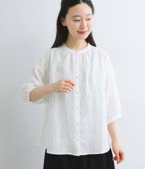 平織リネン　ネックギャザーブラウス(オフホワイト-F)
