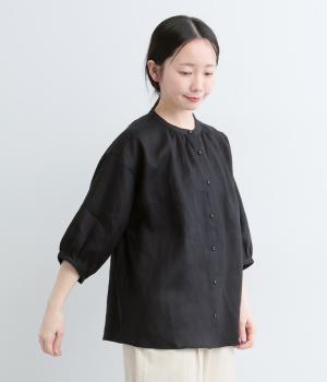 平織リネン　ネックギャザーブラウス(ブラック-F)
