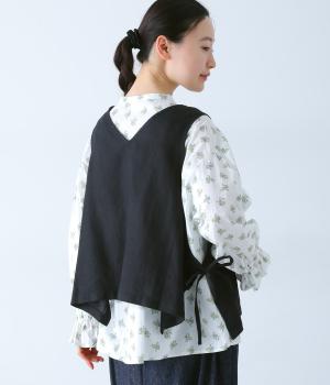 平織リネンサイドリボン2wayベスト(ブラック-F)