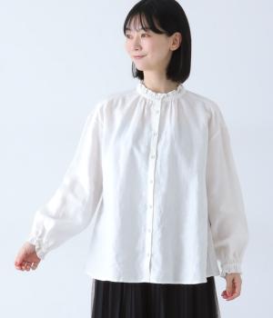 平織リネンネックギャザーブラウス