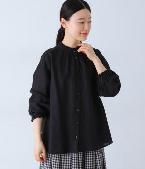 平織リネンネックギャザーブラウス(ブラック-F)