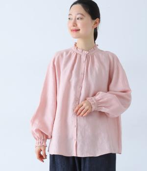 平織リネンネックギャザーブラウス(ピンク-F)