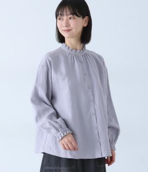 平織リネンネックギャザーブラウス(ライトブルー-F)