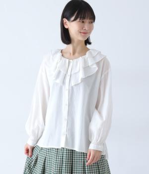 しわローンラッフルカラーブラウス(オフホワイト-F)