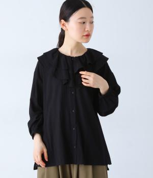 しわローンラッフルカラーブラウス(ブラック-F)