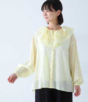 しわローンラッフルカラーブラウス(イエロー-F)