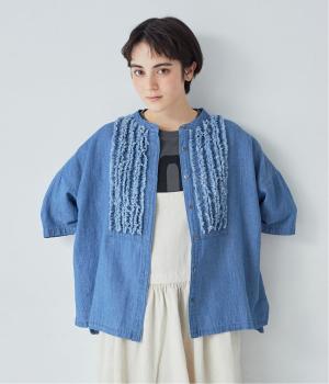 コットンリネン甘撚りデニム　フリンジブラウス(ブルー-F)