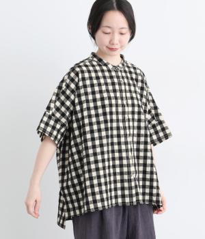 コットンワッシャーチェック　バンドカラーワイドシャツ(ブラック-F)