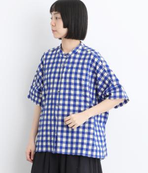 コットンワッシャーチェック　バンドカラーワイドシャツ(ブルー-F)