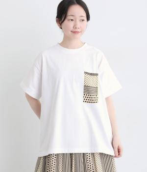 コットンジャージーパッチワーク柄ポケットTEE(オフホワイト×ナチュラル-F)