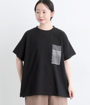 コットンジャージーパッチワーク柄ポケットTEE(ブラック×チャコール-F)