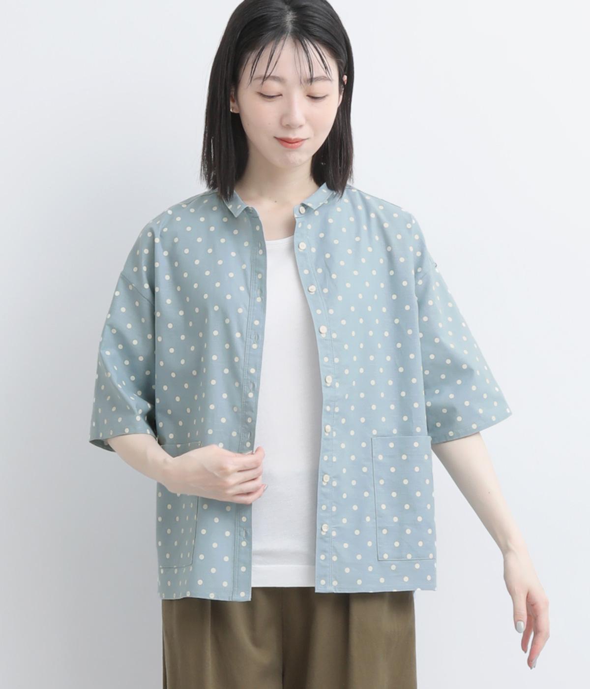コットンリネンドット ダブルポケットちび襟シャツ｜ista-ire