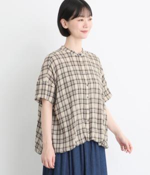 コットンしわチェック　裾バルーンブラウス(ナチュラル-F)