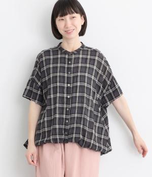 コットンしわチェック　裾バルーンブラウス(チャコール-F)