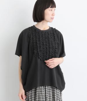 リネンブレンドスムース　フリルコクーンTEE(ブラック-F)