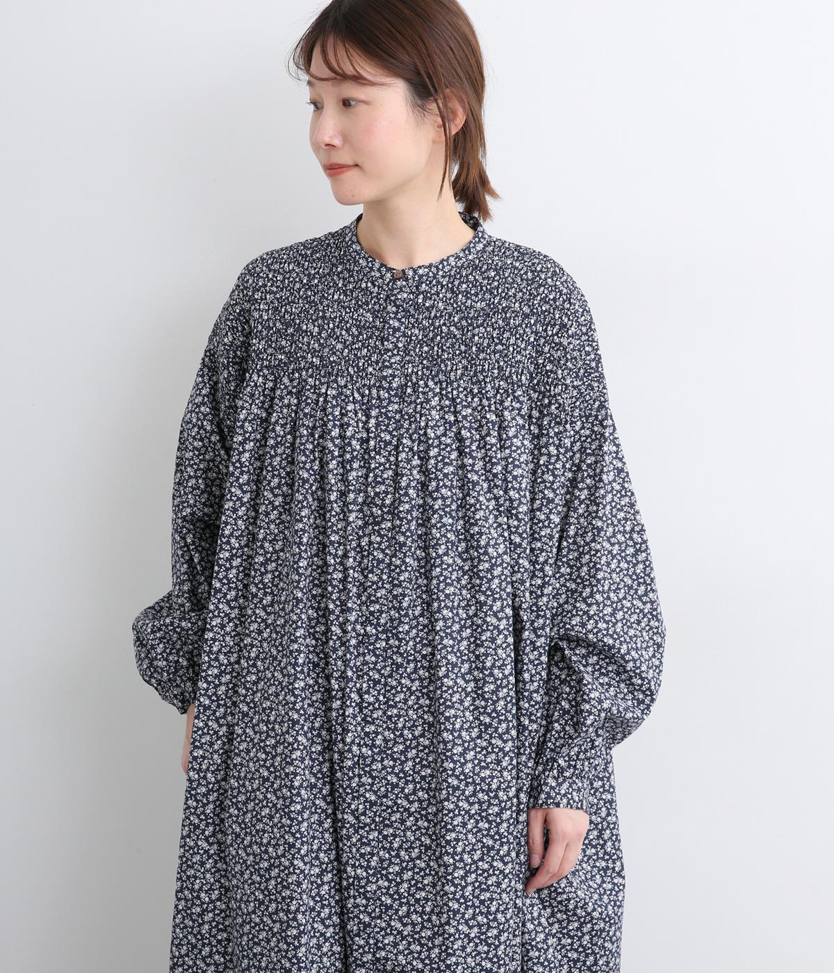 小花柄シャーリングワンピース(ネイビー-F)
