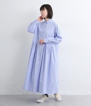 コットンリネンストライプ柄ウエストタックワンピース