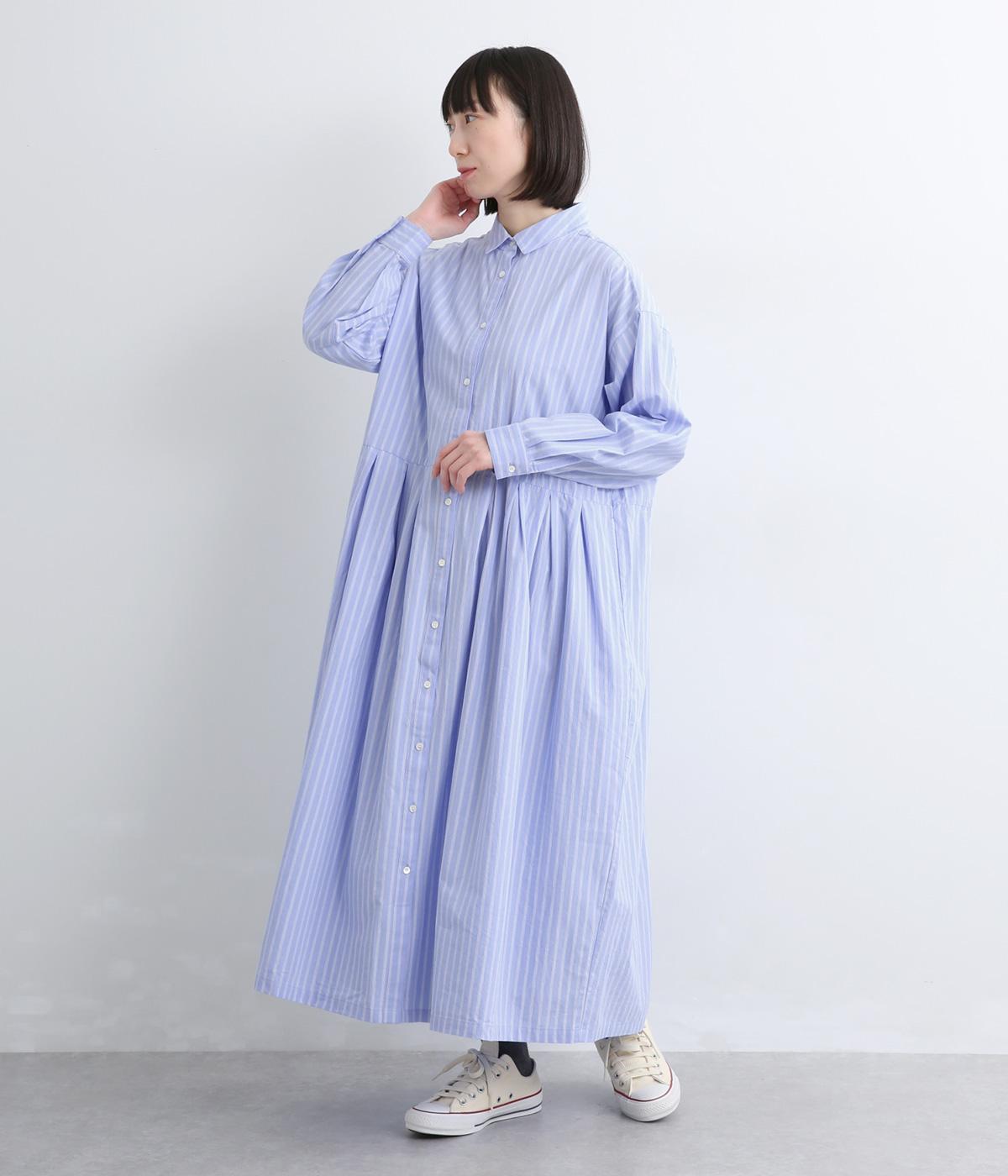 コットンリネンストライプ柄ウエストタックワンピース(ライトブルー-F)