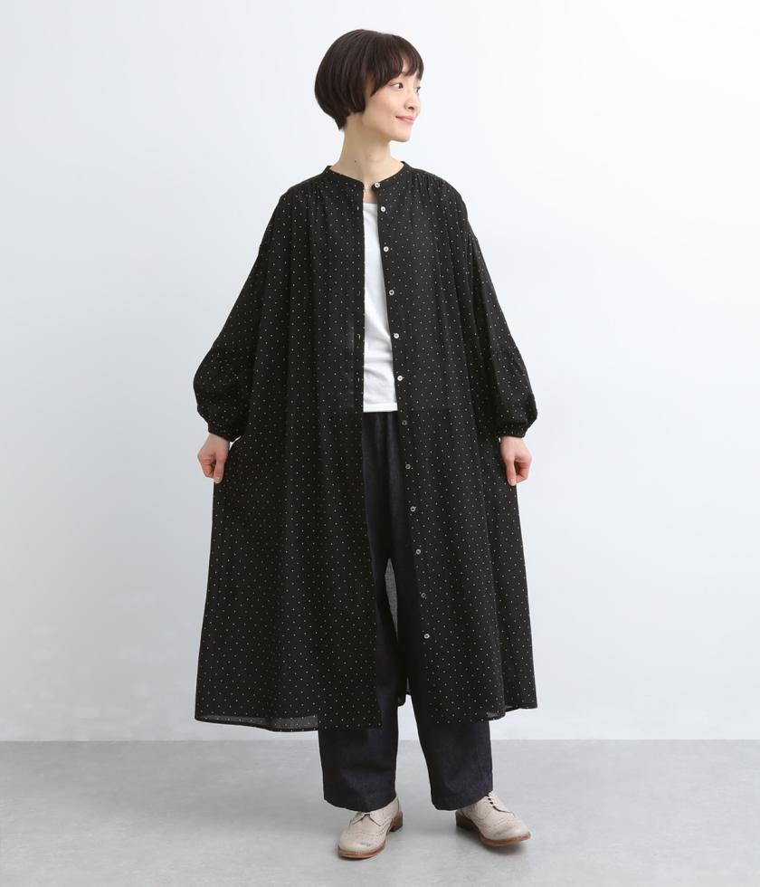 コットンピンドットプリント　ふわり袖ワンピース