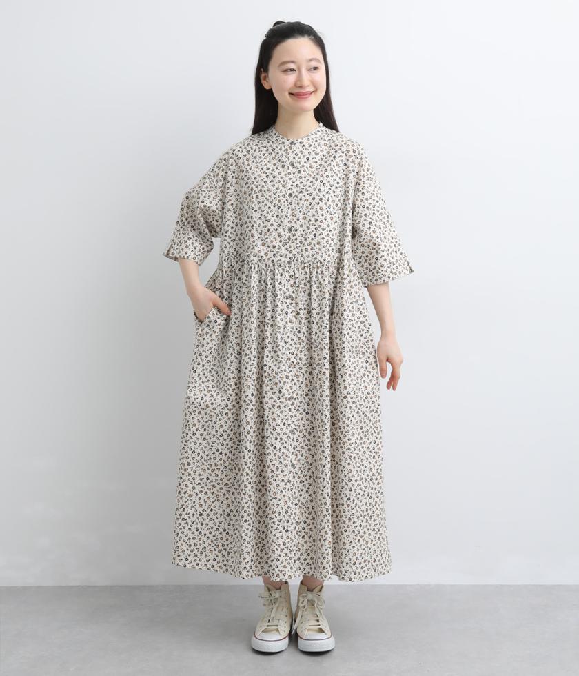コットン小花柄プリント　スクエア切替ワンピース