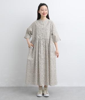 コットン小花柄プリント　スクエア切替ワンピース