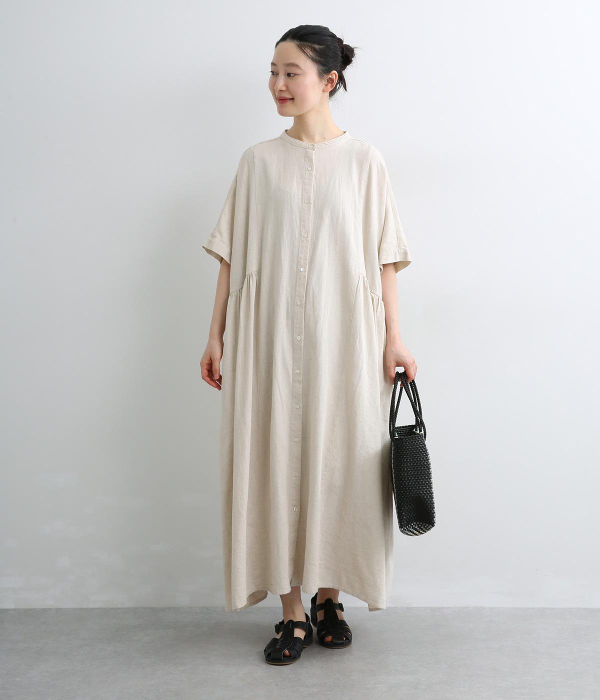 コットンリネン甘撚りデニム　サイドギャザーワンピース(ナチュラル-F)