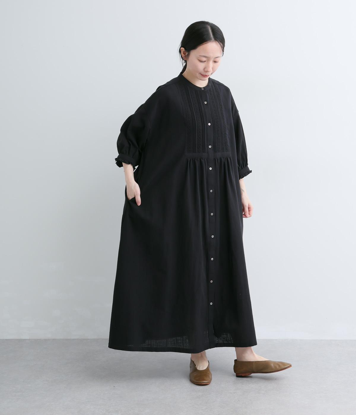 コットンサンドウォッシュ　ピンタックワンピース(ブラック-F)