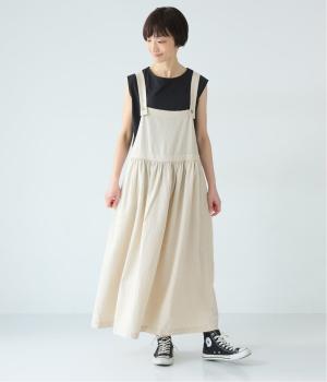 コットンリネン甘撚りデニム　バックリボンジャンパースカート