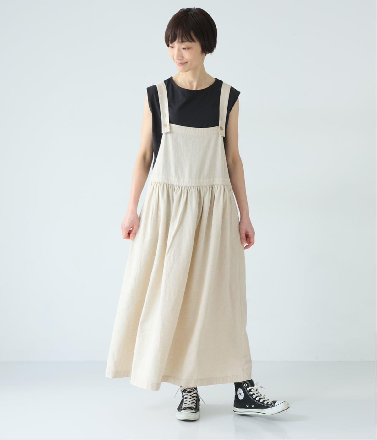 コットンリネン甘撚りデニム　バックリボンジャンパースカート(ナチュラル-F)