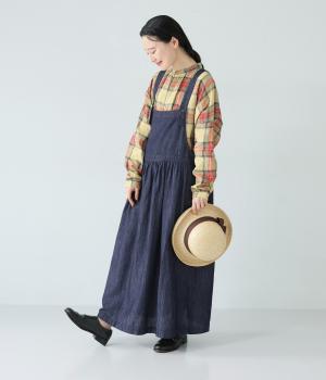 コットンリネン甘撚りデニム　バックリボンジャンパースカート(インディゴ-F)