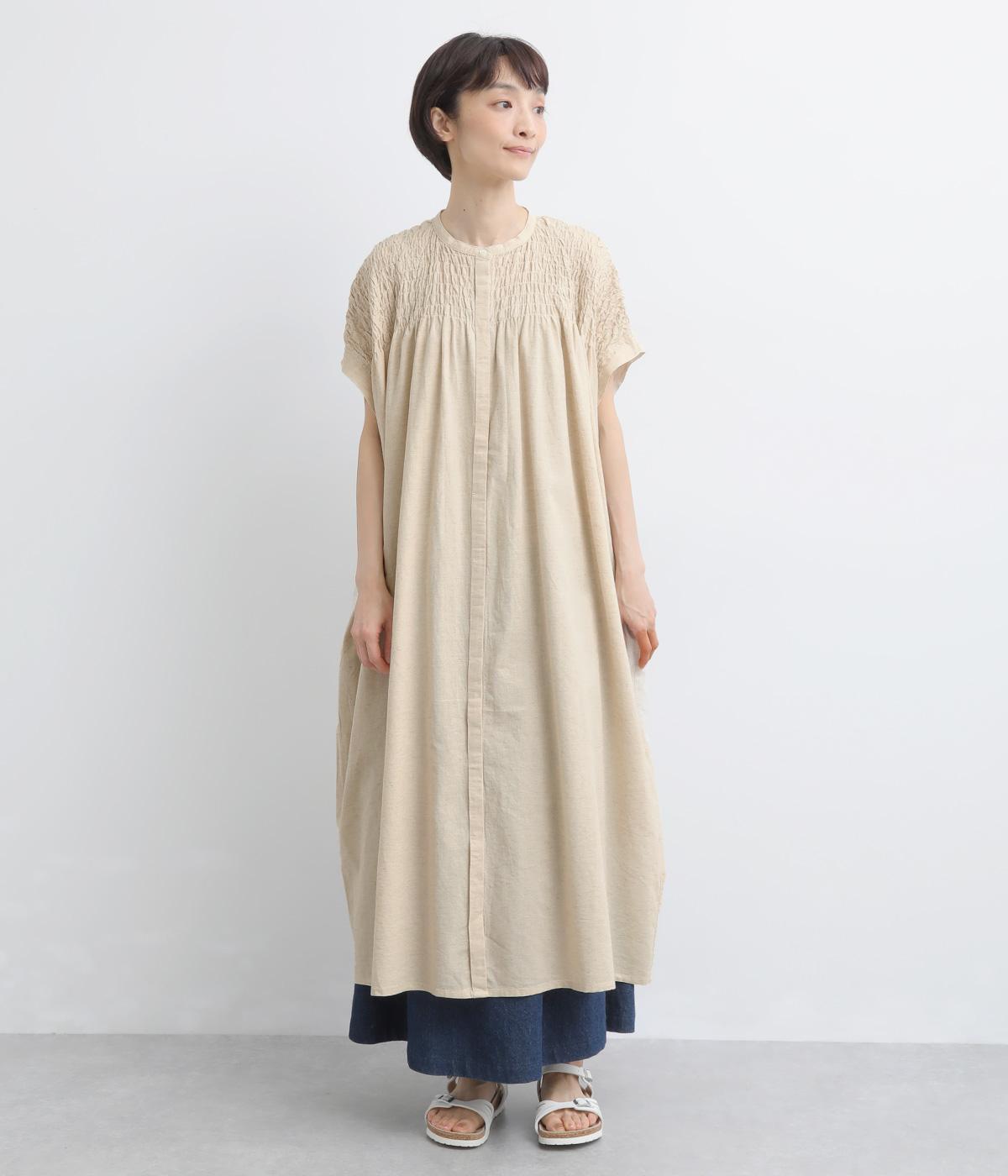 コットンラミー　シャーリングワンピース(ナチュラル-F)