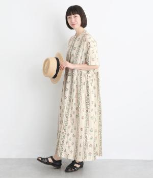 ボタニカルプリント　比翼多釦ワンピース(ナチュラル-F)