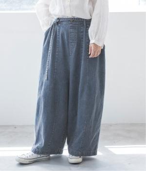 ソフトコットンデニムベルト付きワイドバルーンパンツ