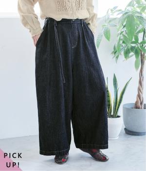 ソフトコットンデニムベルト付きワイドバルーンパンツ(インディゴ-F)