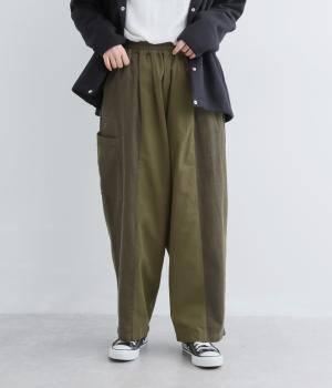 細畝コーデュロイ×ブラッシュドコットン　切替パンツ（カーキ・F）