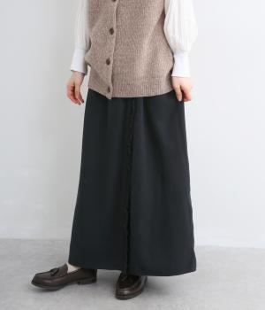 リネンコットンツイル起毛　フリンジラップスカート（ブラック・F）