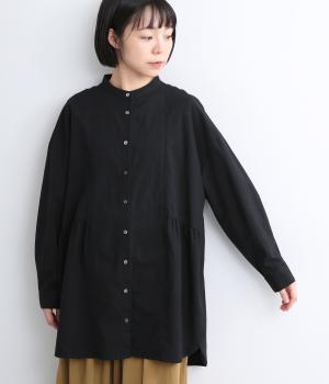 コットンリネンスラブサイドギャザーロングシャツ(ブラック-F)