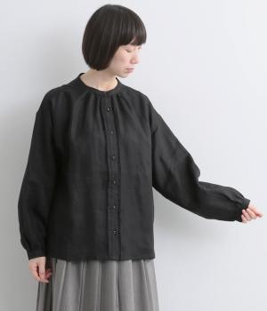 平織リネン前立てフリンジブラウス(ブラック-F)