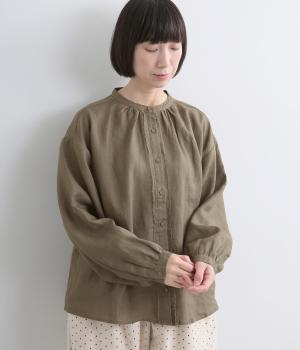 平織リネン前立てフリンジブラウス(ブラウン-F)
