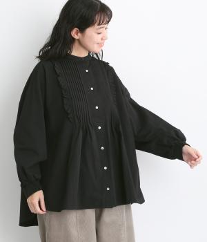 レトロコットン　ピンタックブラウス（ブラック・F）