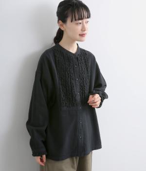 リネンコットンツイル起毛フリンジブラウス(ブラック-F)