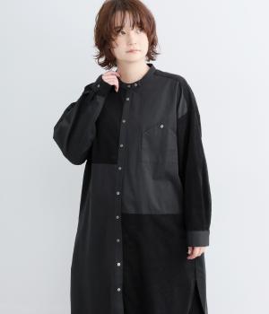 細畝コーデュロイ×ブラッシュドコットン　切替チュニック（ブラック・F）