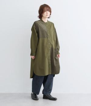 細畝コーデュロイ×ブラッシュドコットン　切替チュニック（カーキ・F）