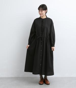 リネン調コットンレース前立てワンピース(ブラック-F)